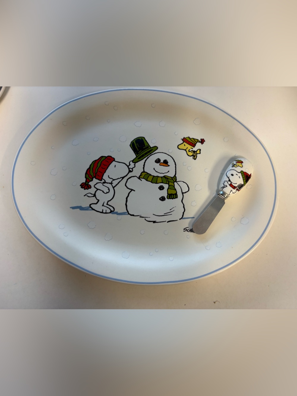 Peanuts Snoopy Snowman Holiday Serving Platter, Charcutie Tray with spreader